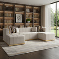 Ivory Velvet U Shaped Three Piece Sofa and Chaise Sectional With Toss Pillows