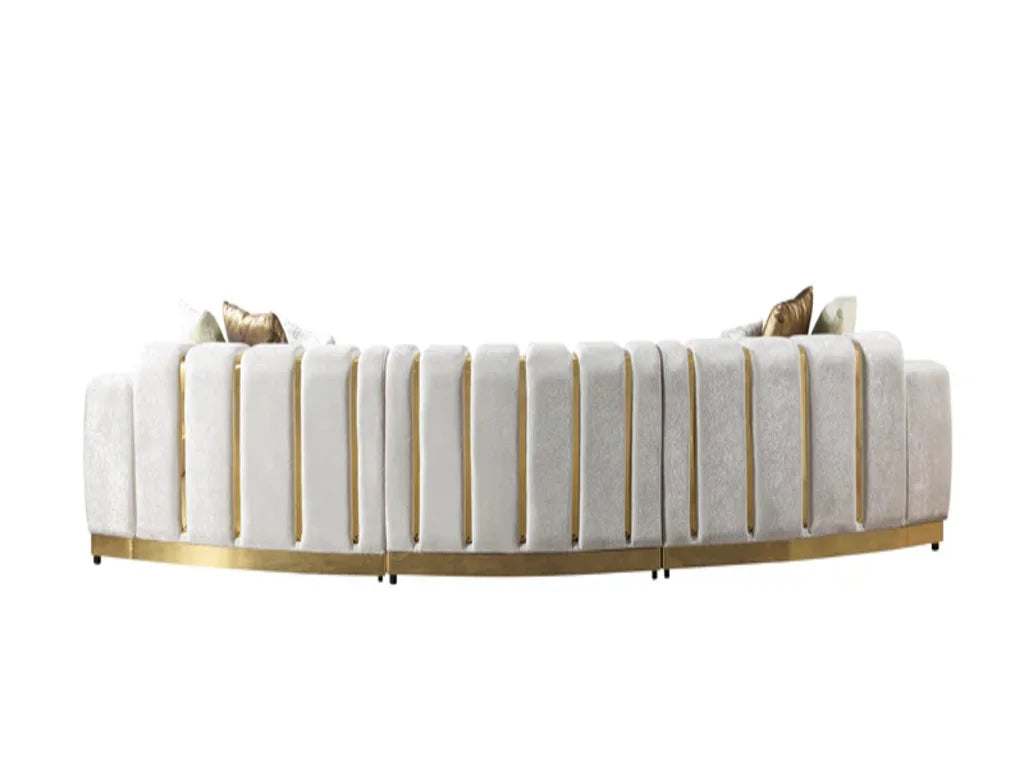 Gold And White Velvet Curved Three Piece Sectional With Toss Pillows