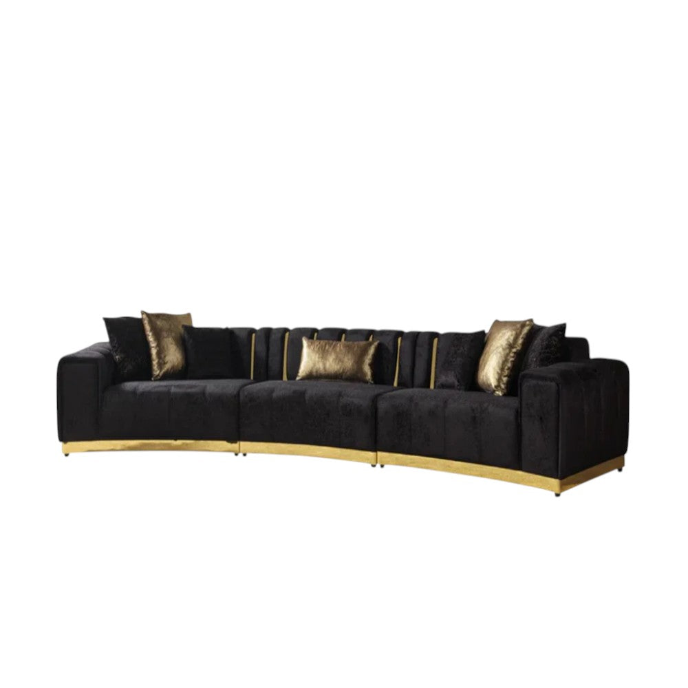 Black Velvet Curved Three Piece Sectional With Toss Pillows