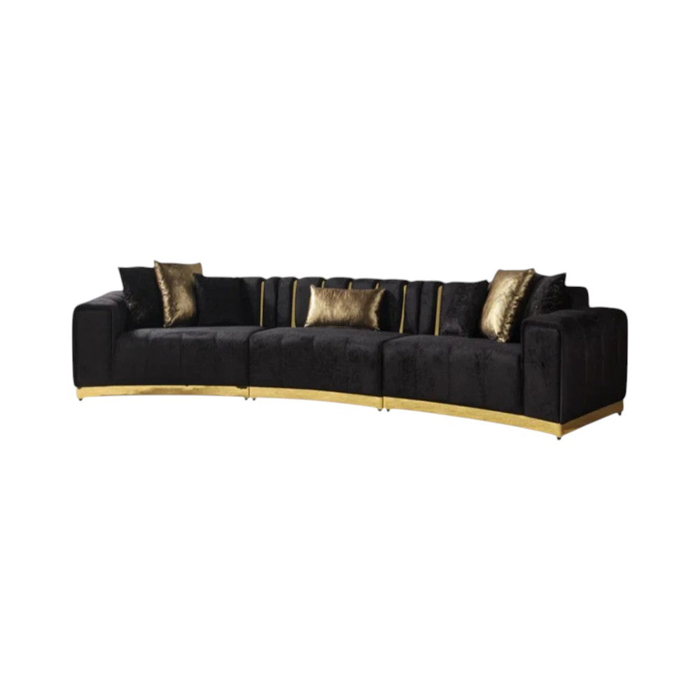 Black Velvet Curved Three Piece Sectional With Toss Pillows