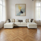 Cream Velvet U Shaped Sofa and Chaise Sectional With Toss Pillows