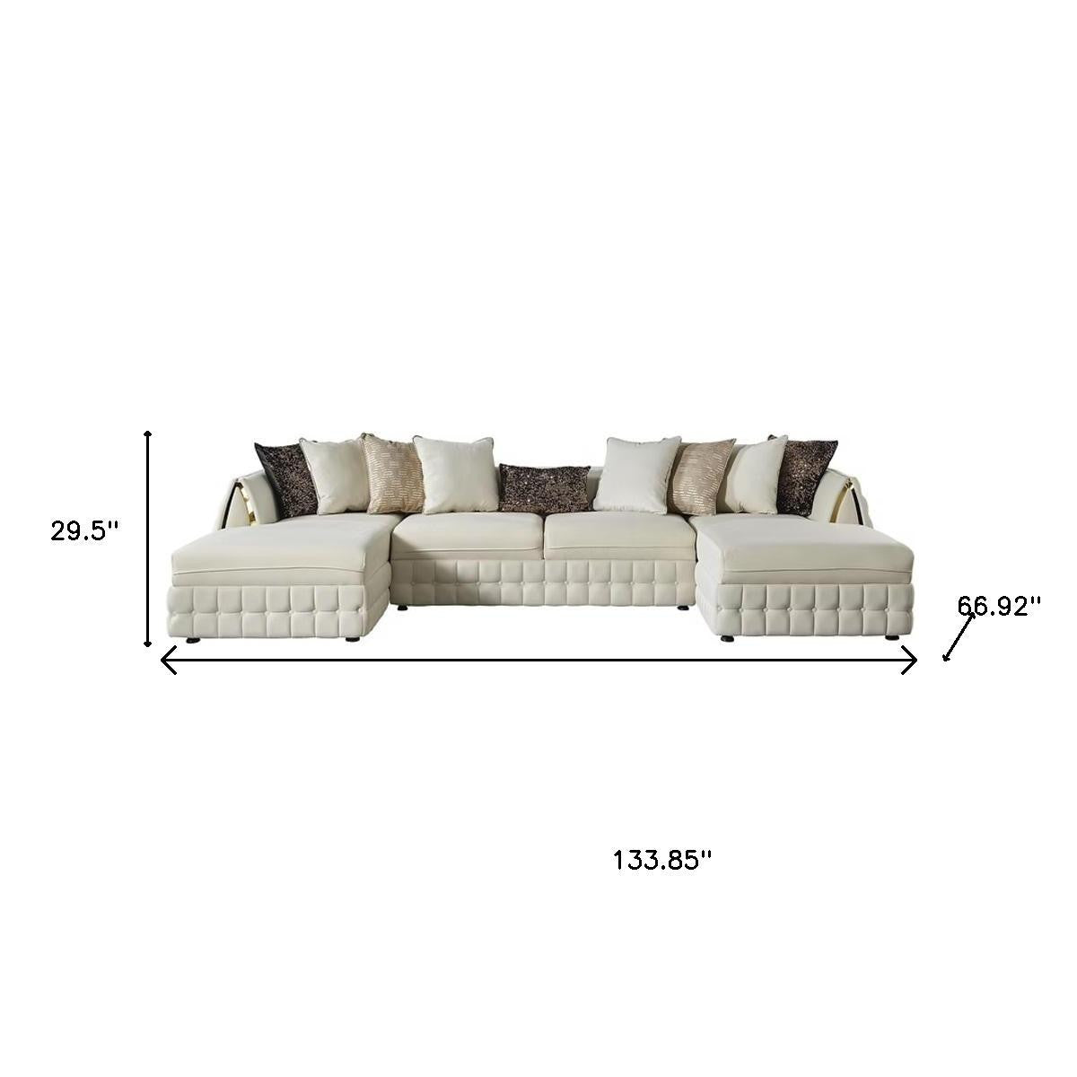 Cream Velvet U Shaped Sofa and Chaise Sectional With Toss Pillows