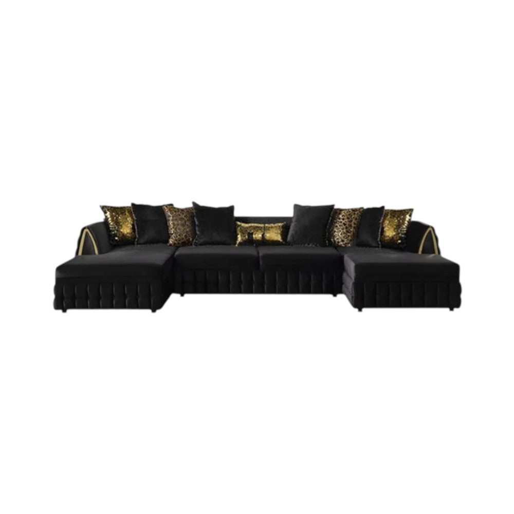 Black Velvet U Shaped Sofa and Chaise Sectional With Toss Pillows