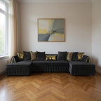 Black Velvet U Shaped Sofa and Chaise Sectional With Toss Pillows