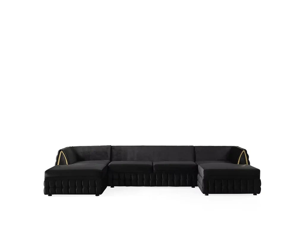 Black Velvet U Shaped Sofa and Chaise Sectional With Toss Pillows