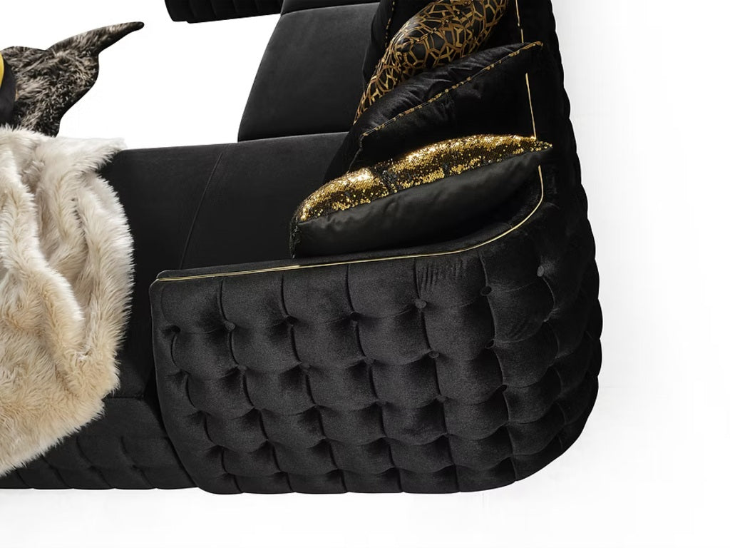 Black Velvet U Shaped Sofa and Chaise Sectional With Toss Pillows