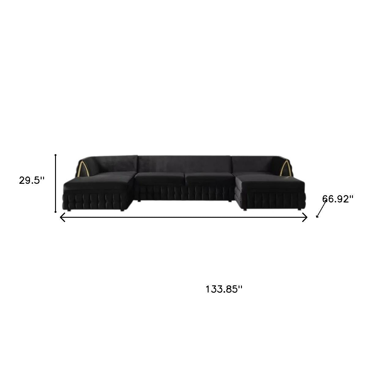 Black Velvet U Shaped Sofa and Chaise Sectional With Toss Pillows