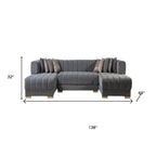 Gray Velvet U Shaped Three Piece Sofa and Chaise Sectional With Toss Pillows