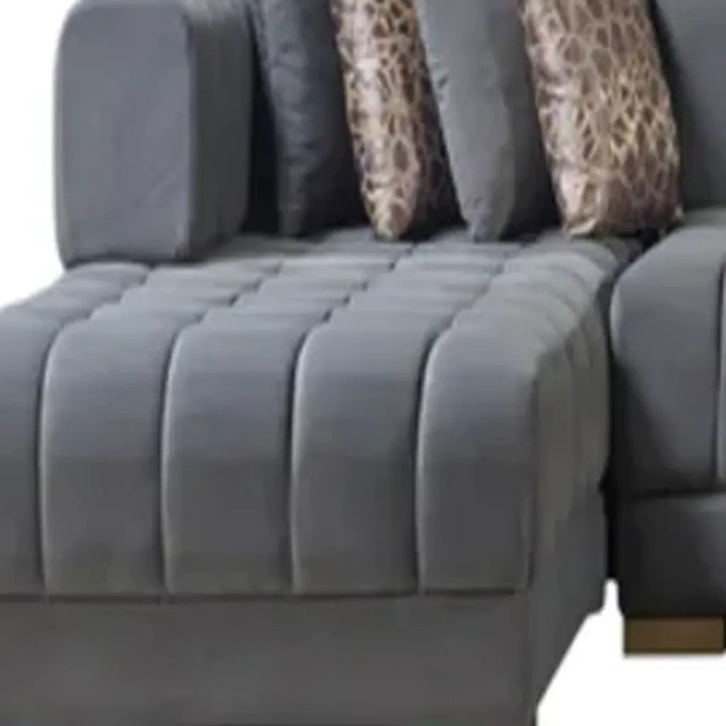 Gray Velvet U Shaped Three Piece Sofa and Chaise Sectional With Toss Pillows