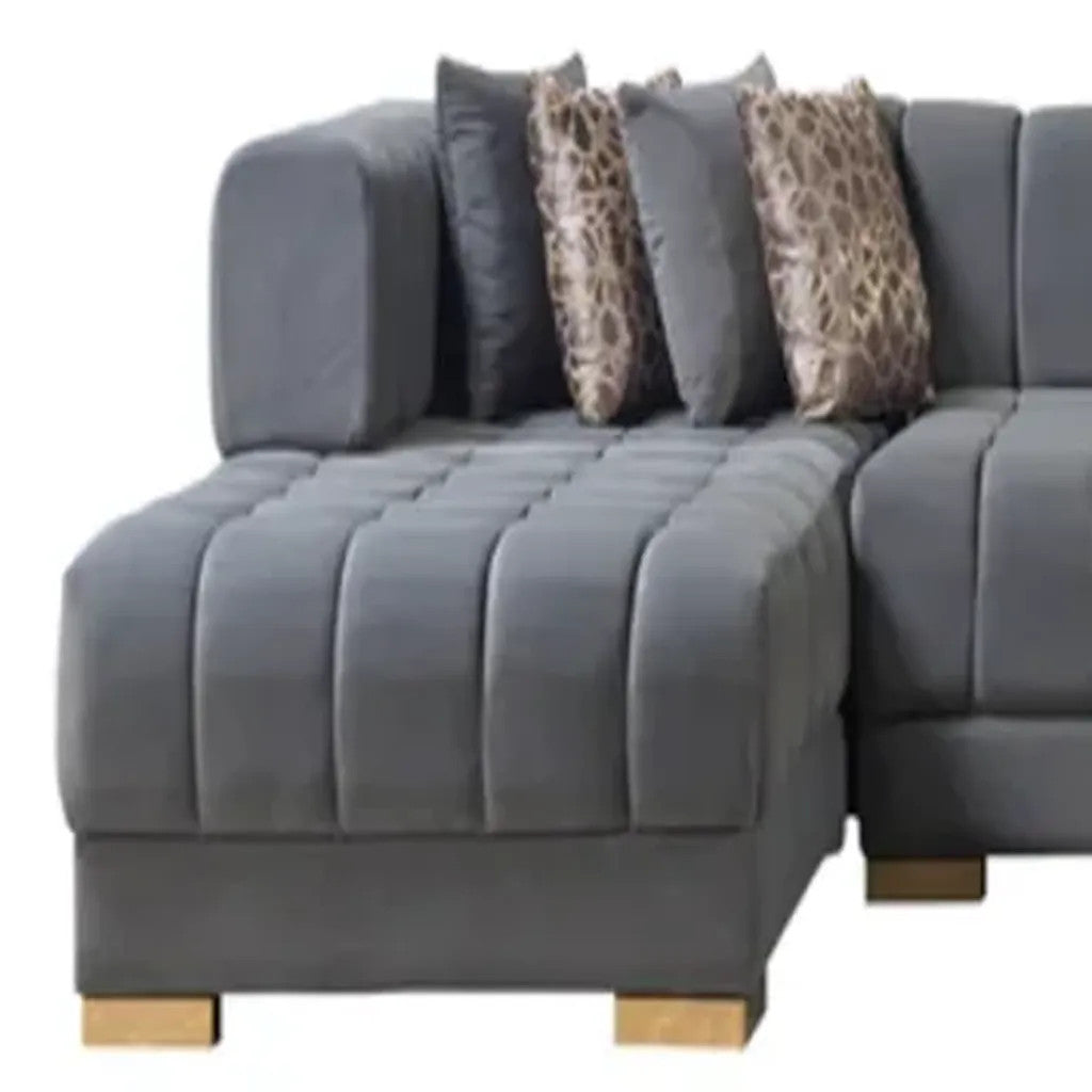 Gray Velvet U Shaped Three Piece Sofa and Chaise Sectional With Toss Pillows