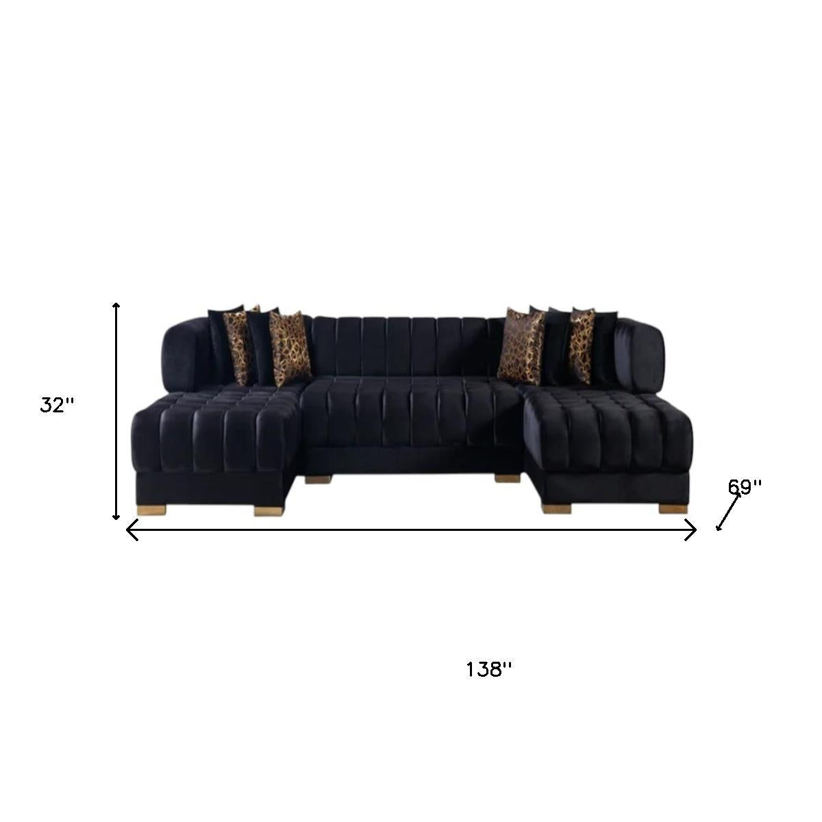 Black Velvet U Shaped Three Piece Sofa and Chaise Sectional With Toss Pillows