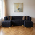 Black Velvet U Shaped Three Piece Sofa and Chaise Sectional With Toss Pillows