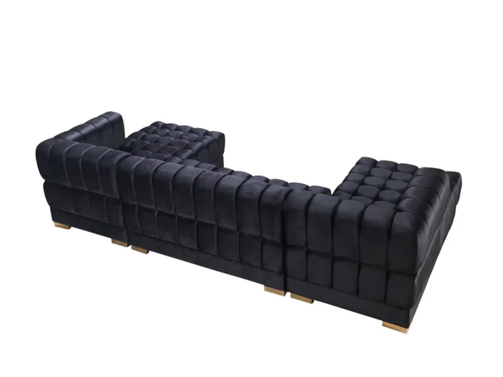 Black Velvet U Shaped Three Piece Sofa and Chaise Sectional With Toss Pillows