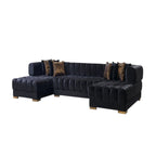 Black Velvet U Shaped Three Piece Sofa and Chaise Sectional With Toss Pillows