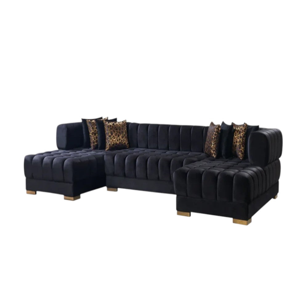 Black Velvet U Shaped Three Piece Sofa and Chaise Sectional With Toss Pillows