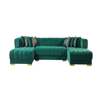 Green Velvet U Shaped Three Piece Sofa and Chaise Sectional With Toss Pillows