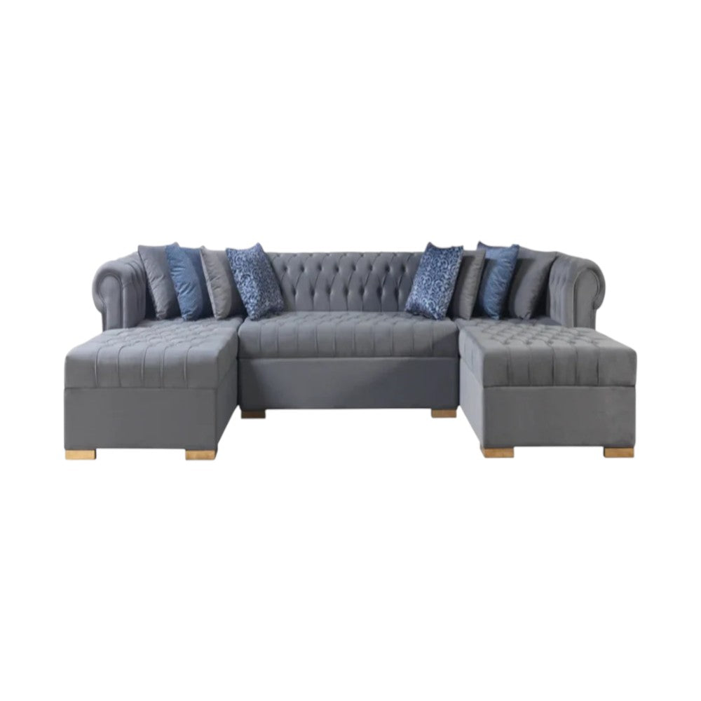 Gray Velvet U Shaped Three Piece Sofa and Chaise Sectional With Toss Pillows