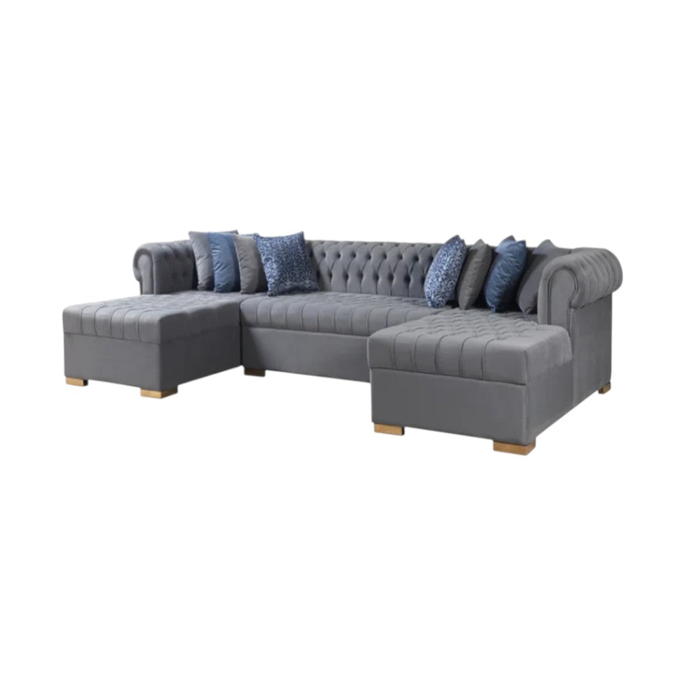 Gray Velvet U Shaped Three Piece Sofa and Chaise Sectional With Toss Pillows