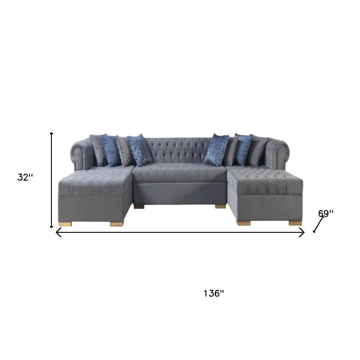Gray Velvet U Shaped Three Piece Sofa and Chaise Sectional With Toss Pillows