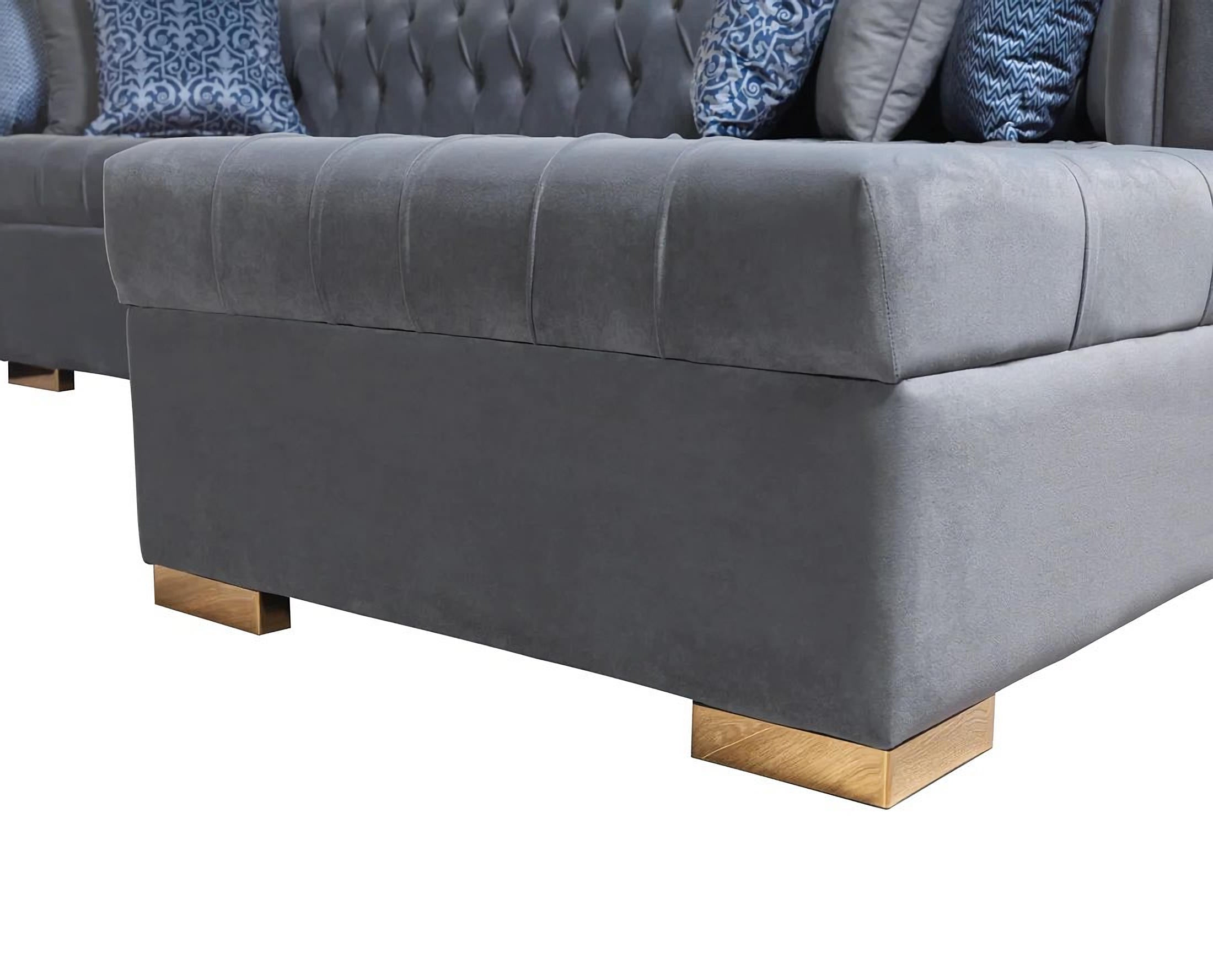 Gray Velvet U Shaped Three Piece Sofa and Chaise Sectional With Toss Pillows