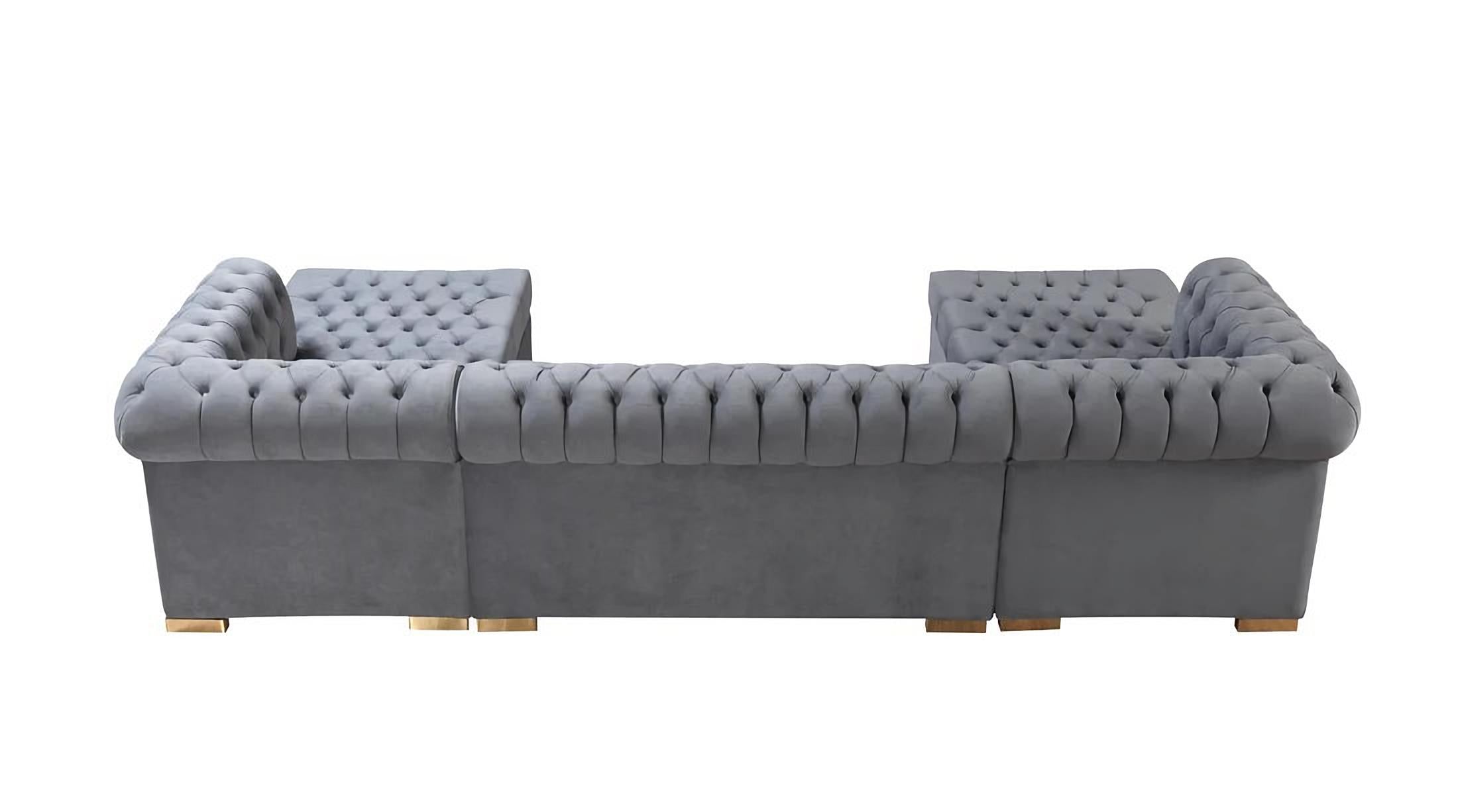 Gray Velvet U Shaped Three Piece Sofa and Chaise Sectional With Toss Pillows