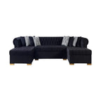 Black Velvet U Shaped Three Piece Sofa and Chaise Sectional With Toss Pillows