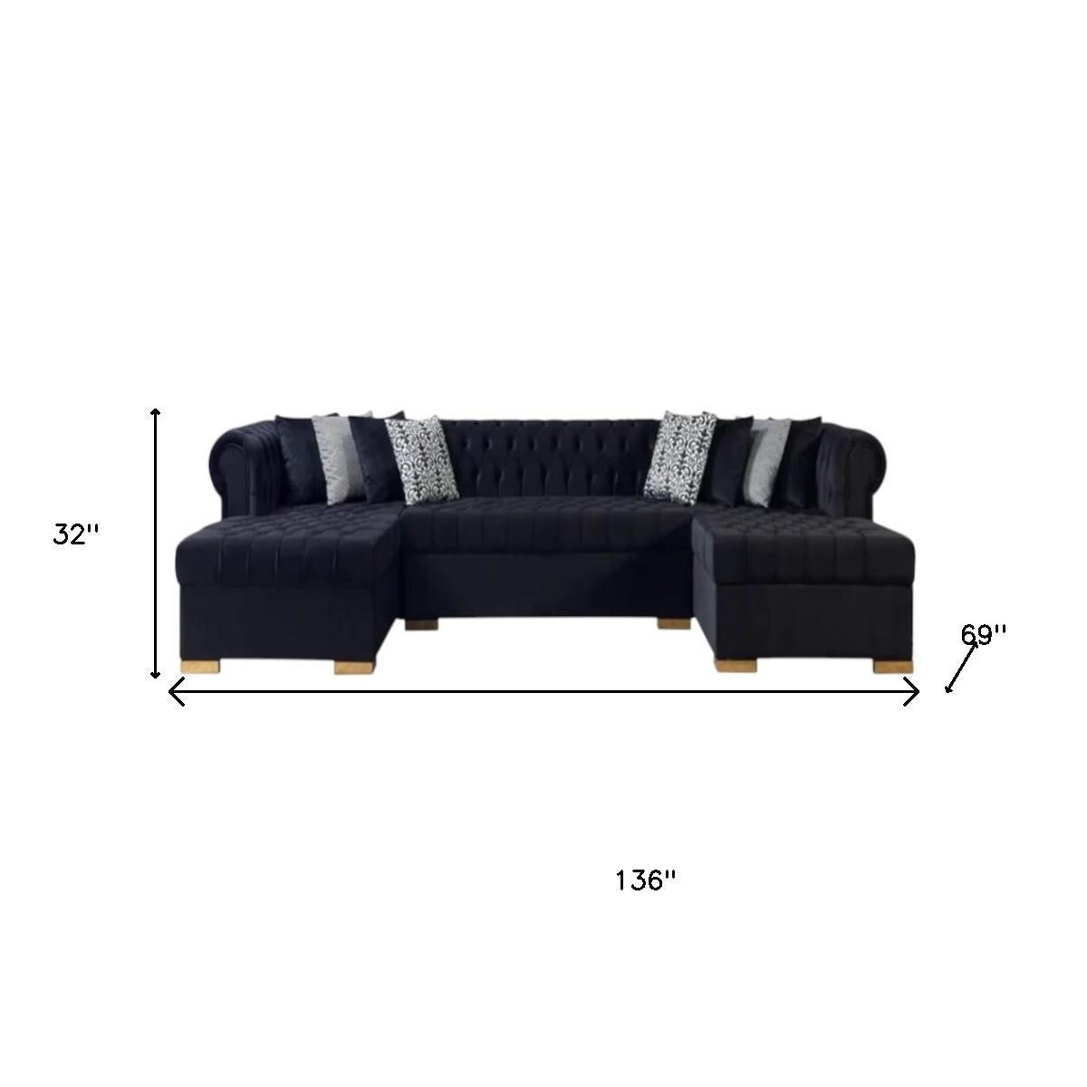 Black Velvet U Shaped Three Piece Sofa and Chaise Sectional With Toss Pillows