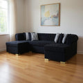 Black Velvet U Shaped Three Piece Sofa and Chaise Sectional With Toss Pillows