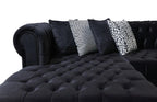 Black Velvet U Shaped Three Piece Sofa and Chaise Sectional With Toss Pillows