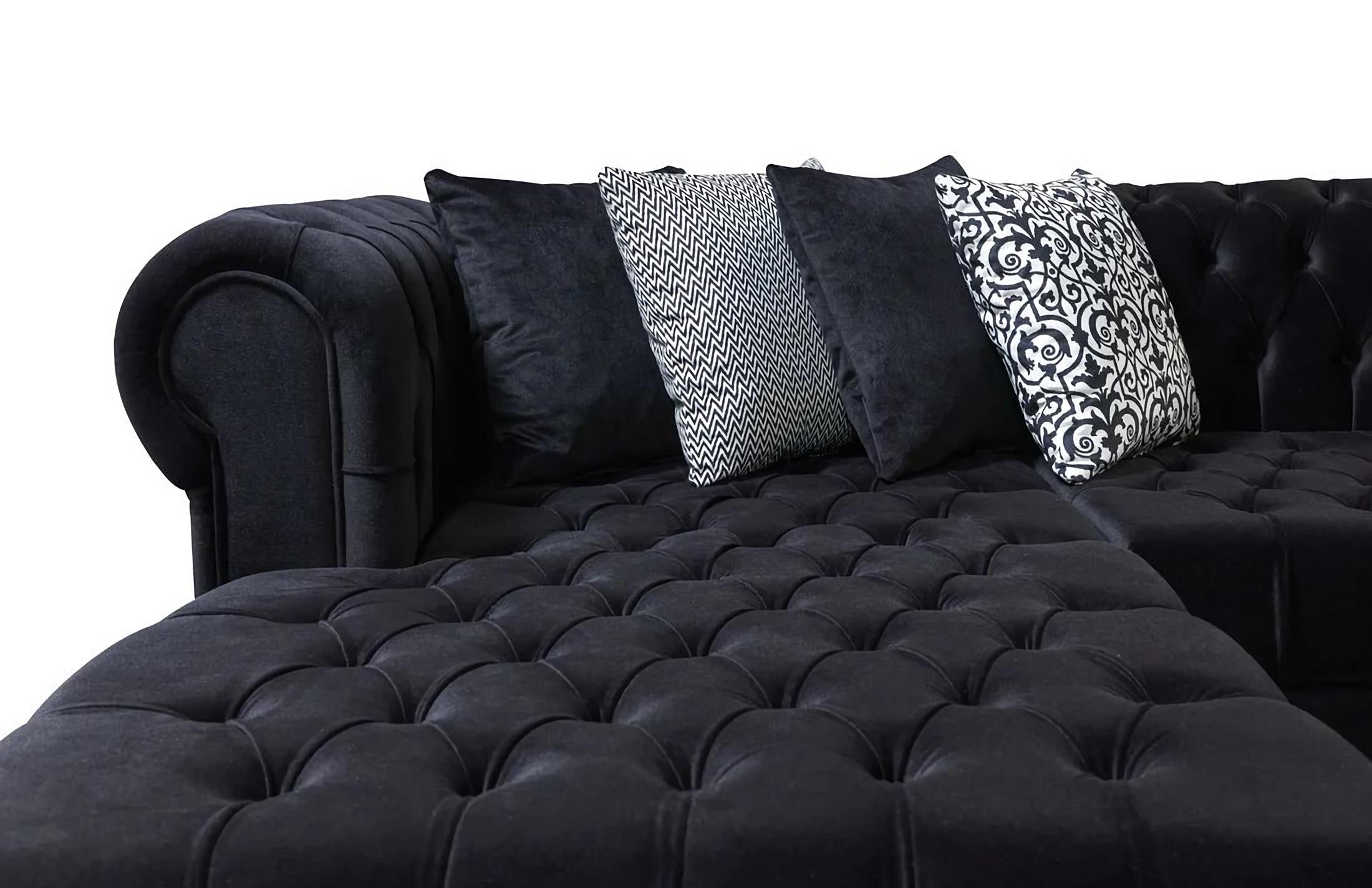 Black Velvet U Shaped Three Piece Sofa and Chaise Sectional With Toss Pillows