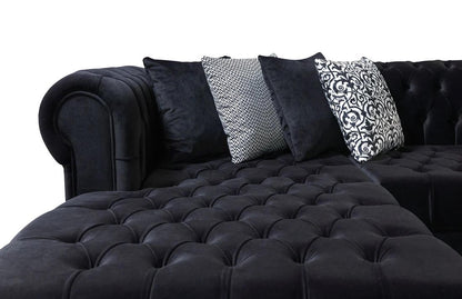 Black Velvet U Shaped Three Piece Sofa and Chaise Sectional With Toss Pillows