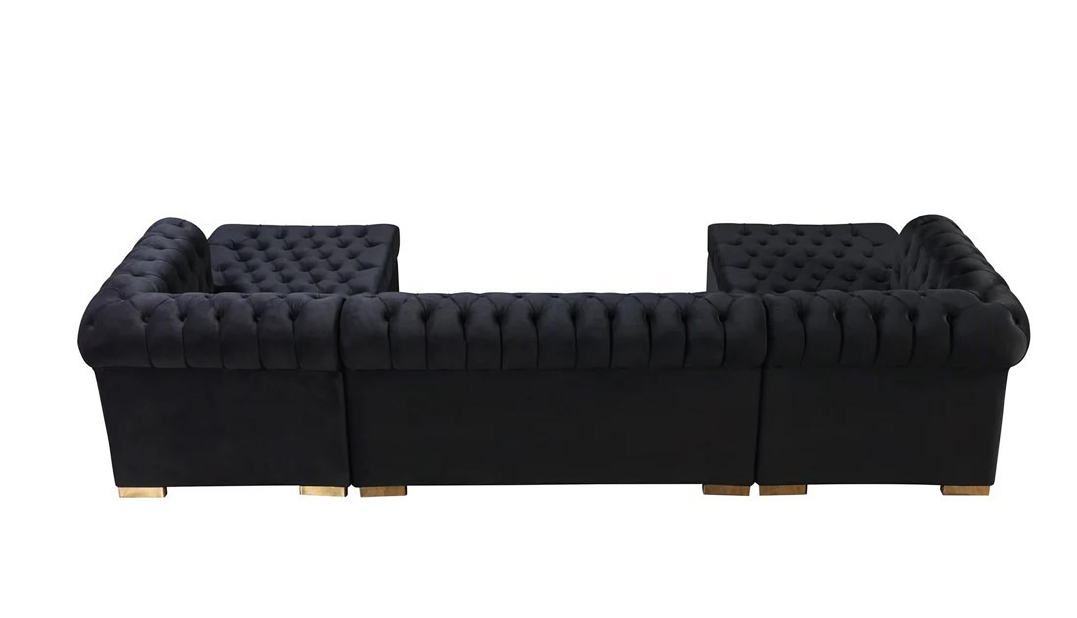 Black Velvet U Shaped Three Piece Sofa and Chaise Sectional With Toss Pillows