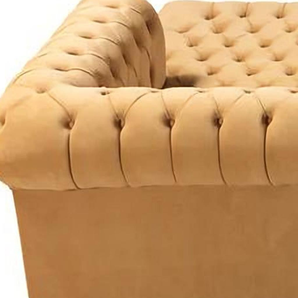 Mustard Velvet U Shaped Three Piece Sofa and Chaise Sectional With Toss Pillows