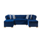Blue Velvet U Shaped Three Piece Sofa and Chaise Sectional With Toss Pillows