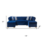 Blue Velvet U Shaped Three Piece Sofa and Chaise Sectional With Toss Pillows