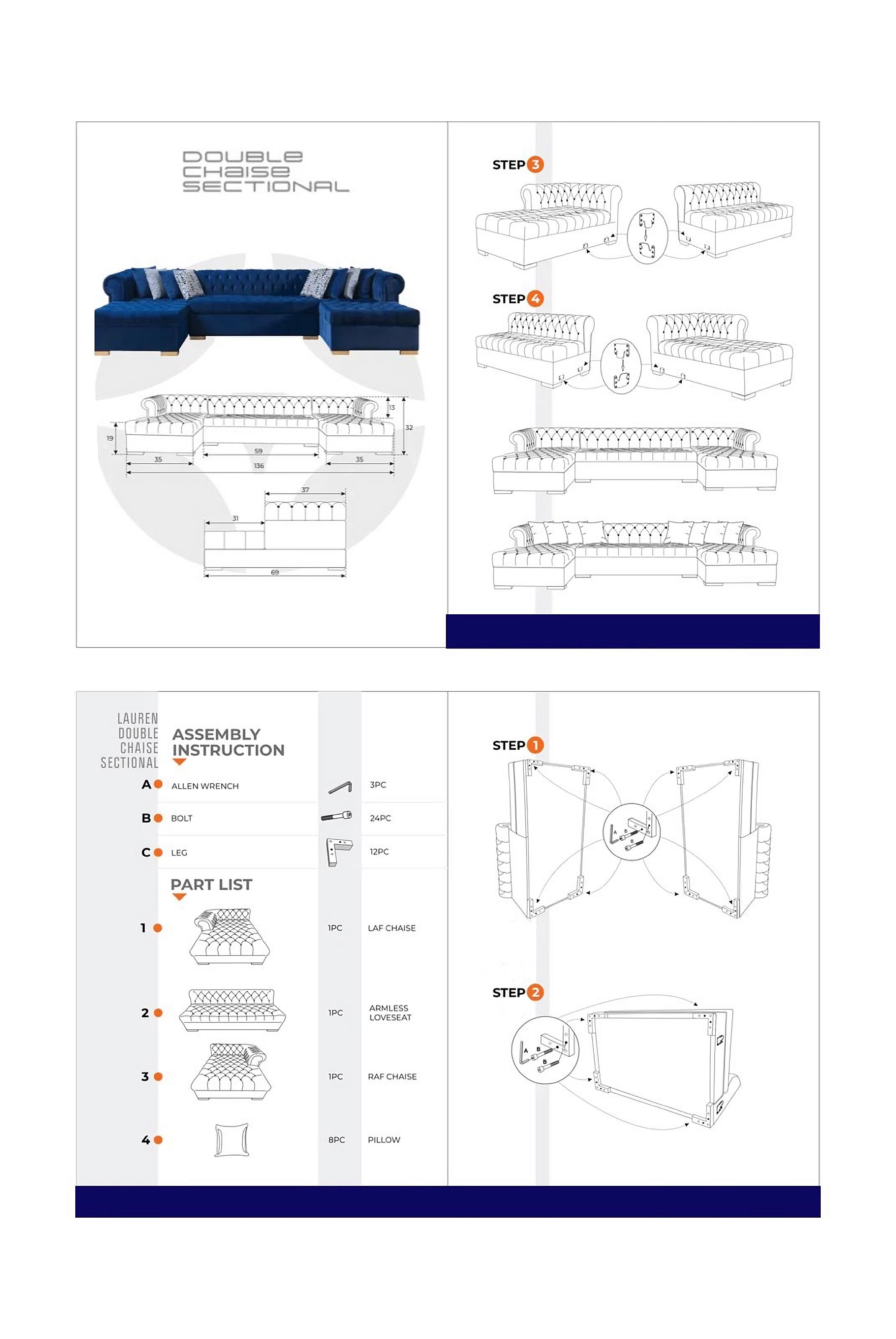 Blue Velvet U Shaped Three Piece Sofa and Chaise Sectional With Toss Pillows