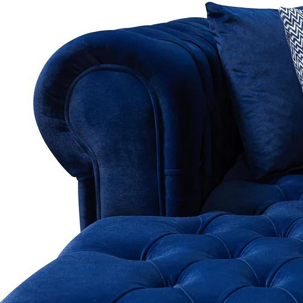 Blue Velvet U Shaped Three Piece Sofa and Chaise Sectional With Toss Pillows