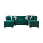Green Velvet U Shaped Three Piece Sofa and Chaise Sectional With Toss Pillows