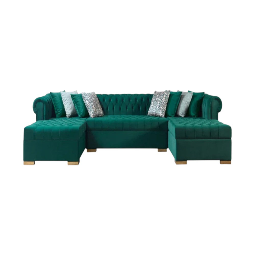 Green Velvet U Shaped Three Piece Sofa and Chaise Sectional With Toss Pillows