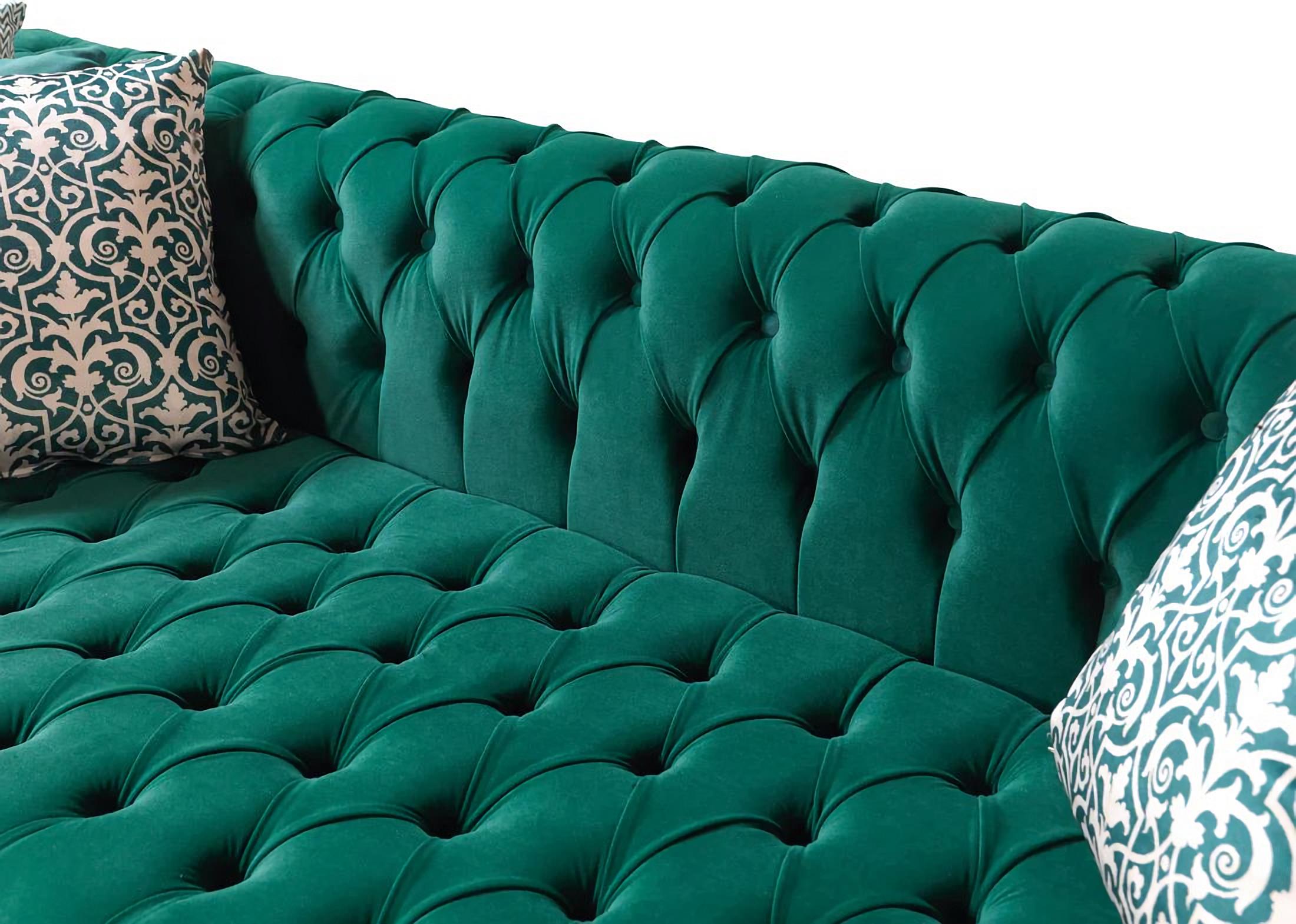 Green Velvet U Shaped Three Piece Sofa and Chaise Sectional With Toss Pillows