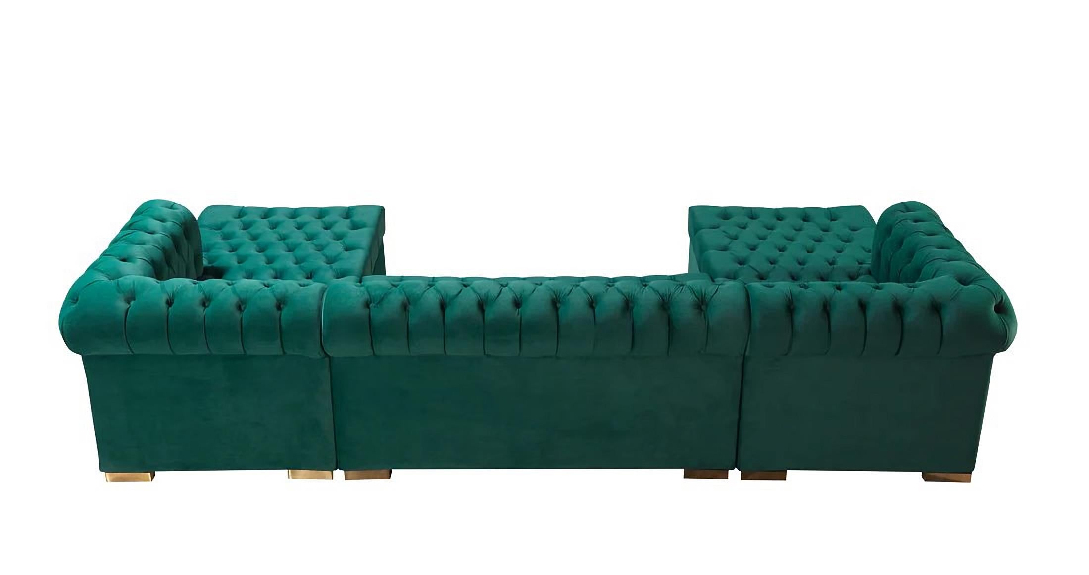 Green Velvet U Shaped Three Piece Sofa and Chaise Sectional With Toss Pillows