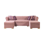 Pink Velvet U Shaped Three Piece Sofa and Chaise Sectional With Toss Pillows