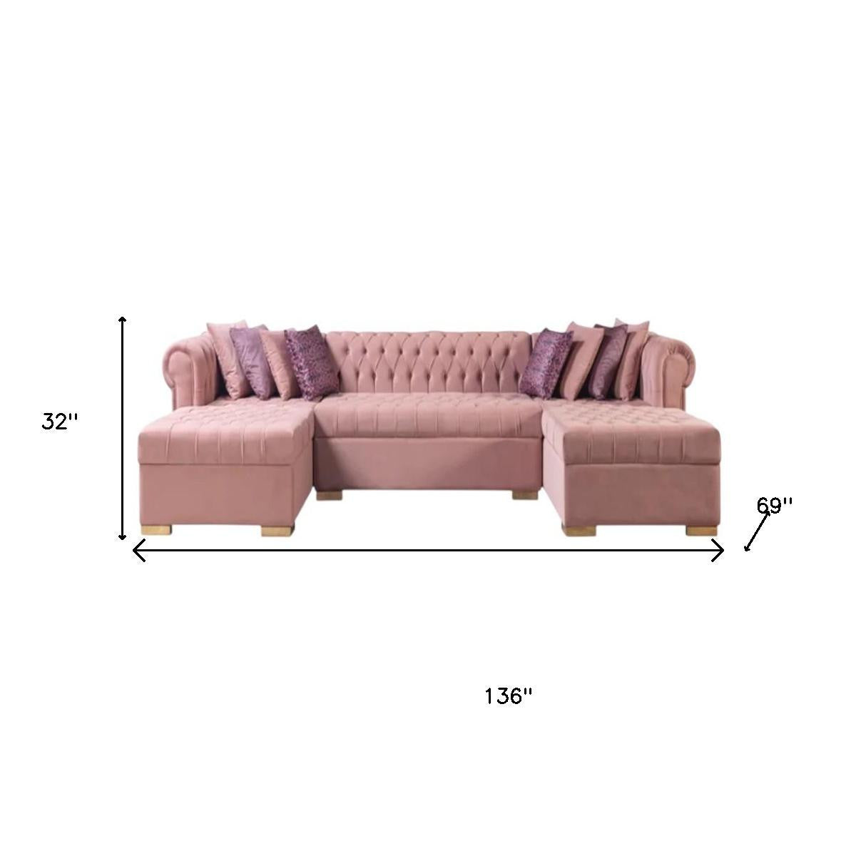 Pink Velvet U Shaped Three Piece Sofa and Chaise Sectional With Toss Pillows