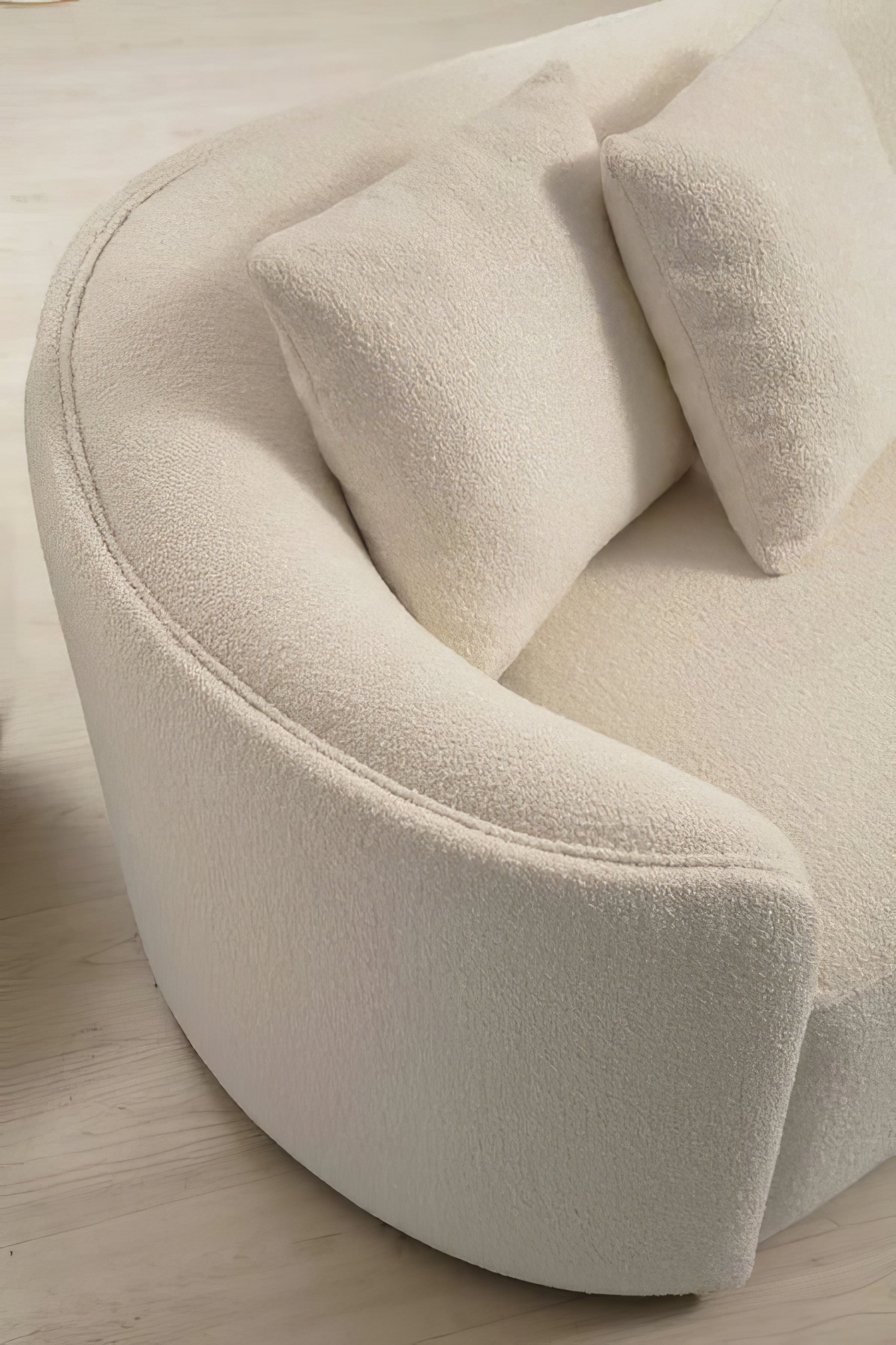 Ivory Boucle Modular Curved Two Piece Sofa and Chaise Sectional With Toss Pillows