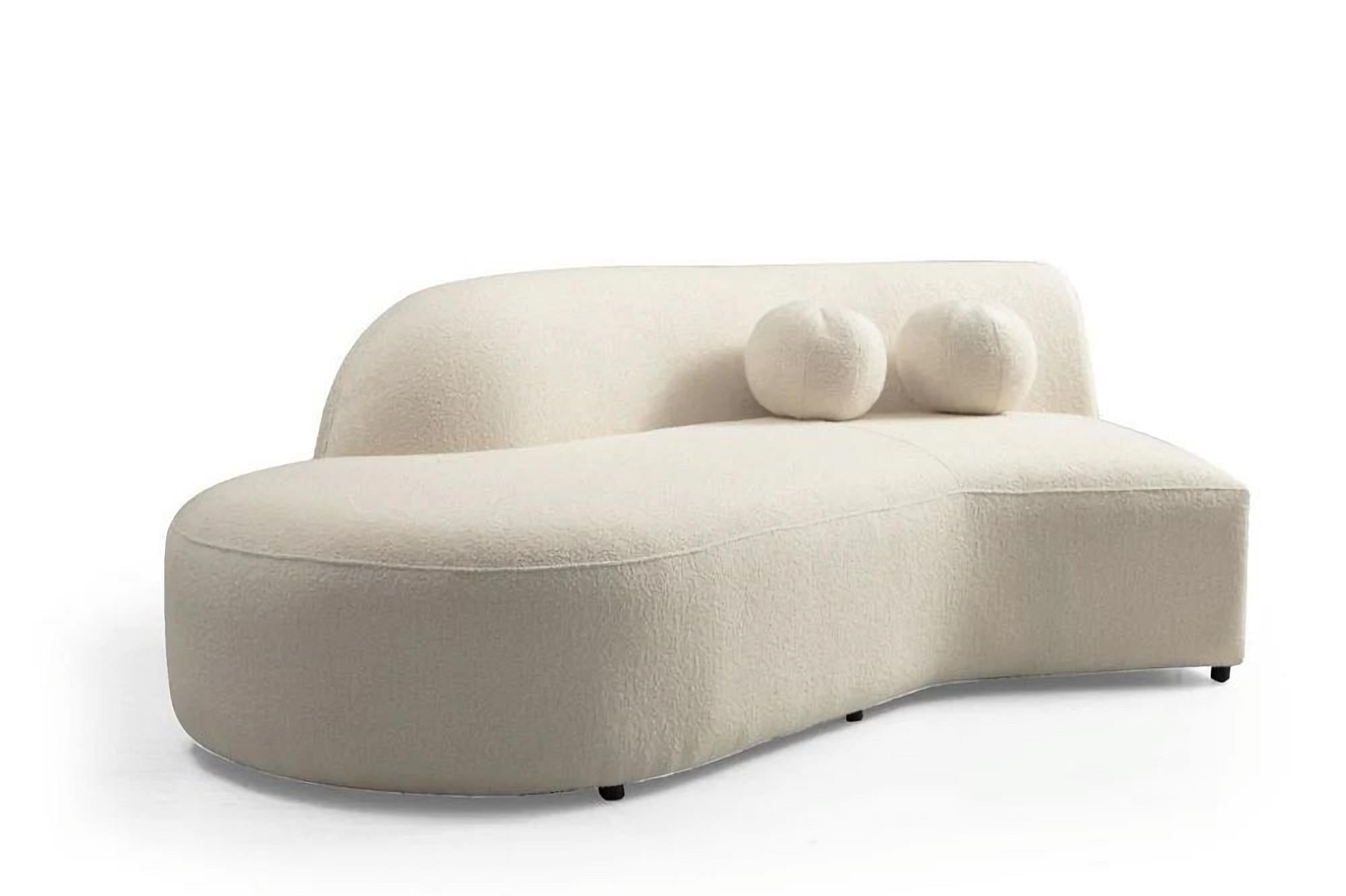 Ivory Boucle Modular Curved Two Piece Sofa and Chaise Sectional With Toss Pillows