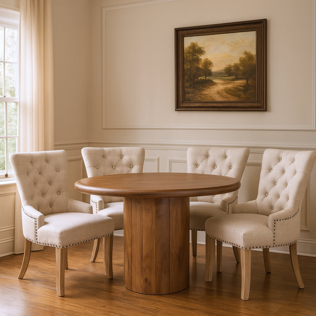 Five Piece Brown Round Solid Wood Dining Set with Four Chairs