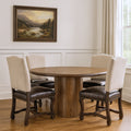 Five Piece Brown Round Solid Wood Dining Set with Four Chairs