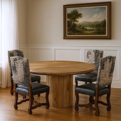 Five Piece Brown Round Solid Wood Dining Set with Four Chairs