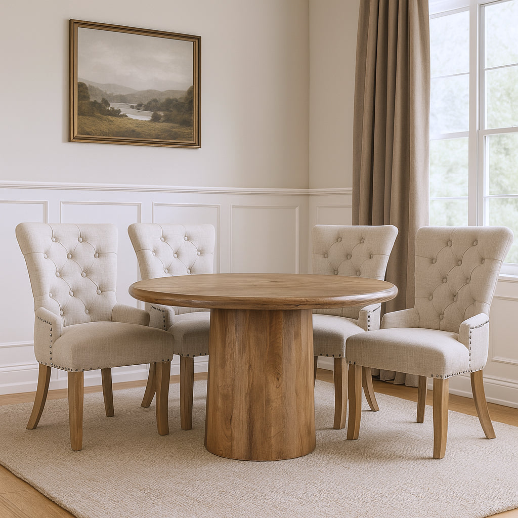 Five Piece Brown Round Solid Wood Dining Set with Four Chairs