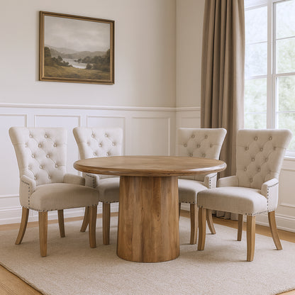 Five Piece Brown Round Solid Wood Dining Set with Four Chairs
